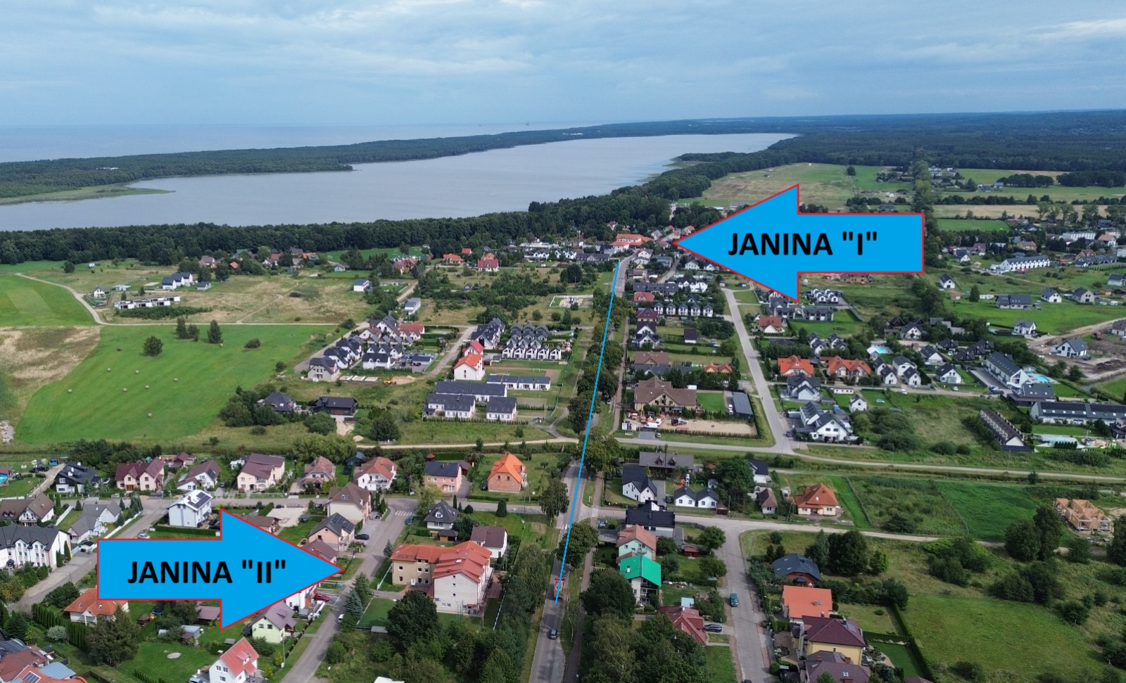 Widok Nowęcina z zaznaczonym położeniem ośrodków JANINA I i JANINA II